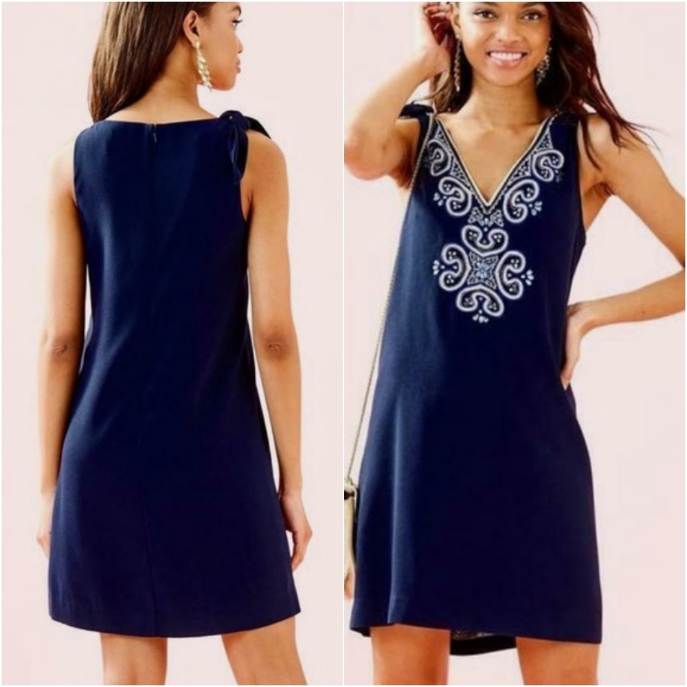 LILLY PULITZER PENELOPE SHIFT DRESS True Navy Size 2 Embellished Embroidered